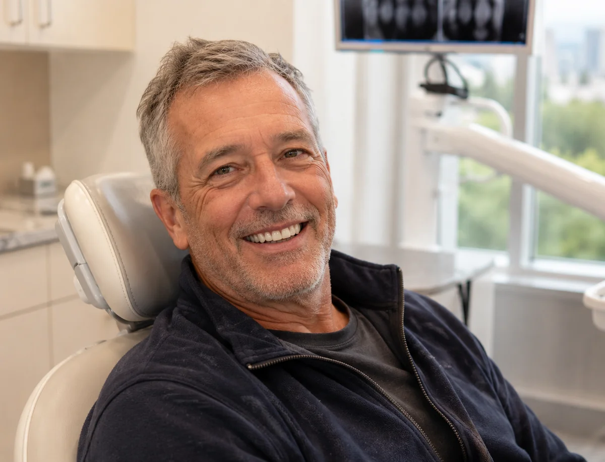 A confident patient smiling after full-arch implant treatment