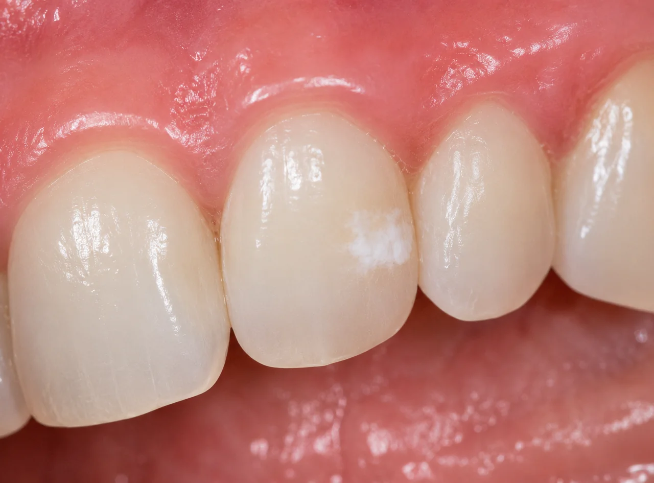 An early white-spot lesion caught before it needs a filling