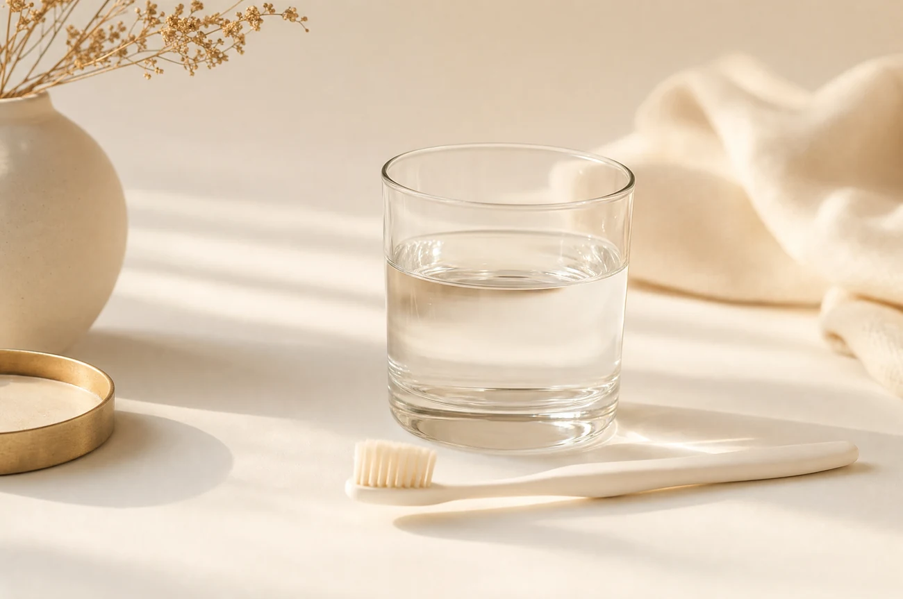 A glass of water beside a toothbrush on a warm cream surface