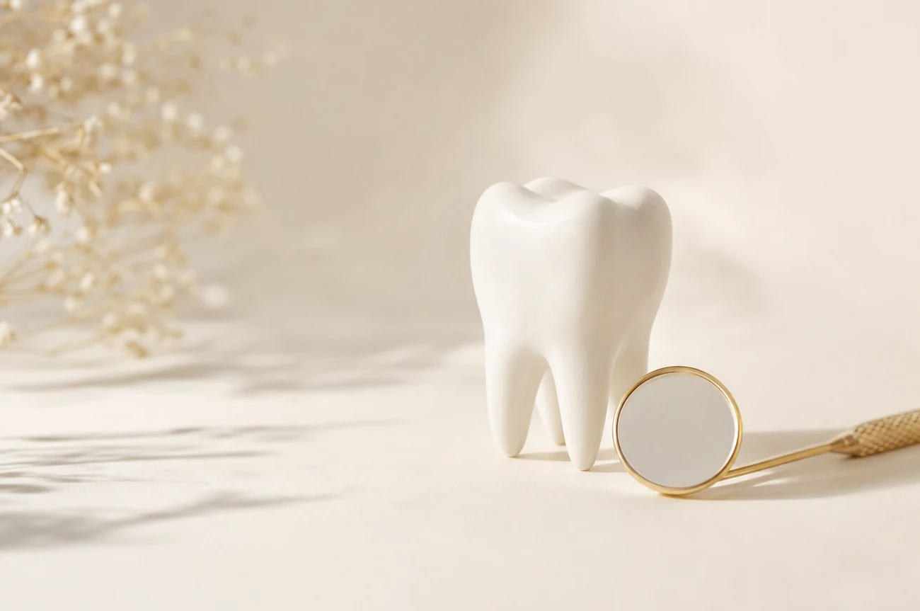 A clean white tooth model beside a dental mirror on a warm cream surface
