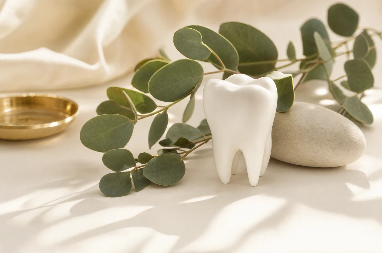 A clean white tooth resting among green eucalyptus leaves on a warm cream surface