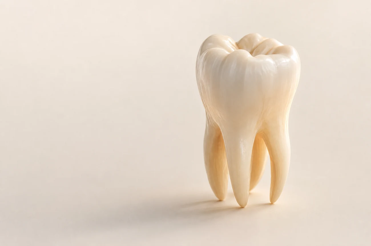 A photorealistic render of a healthy molar tooth with its roots on a warm cream background
