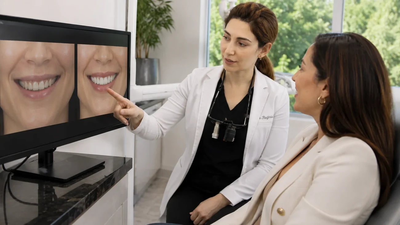 Dr. Mersedeh Rajinia reviewing photos with a patient before planning treatment