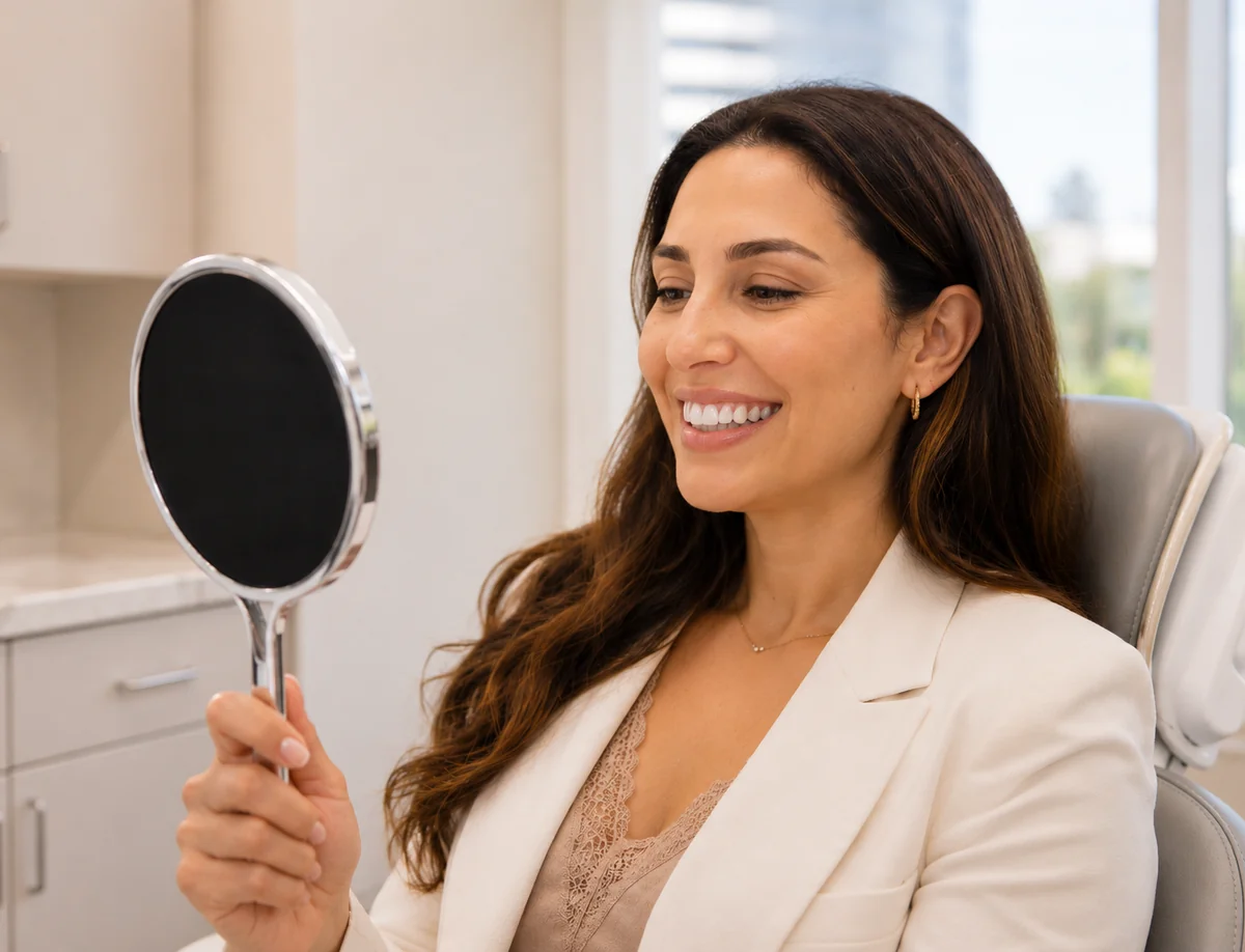 A patient admiring her brighter smile after whitening