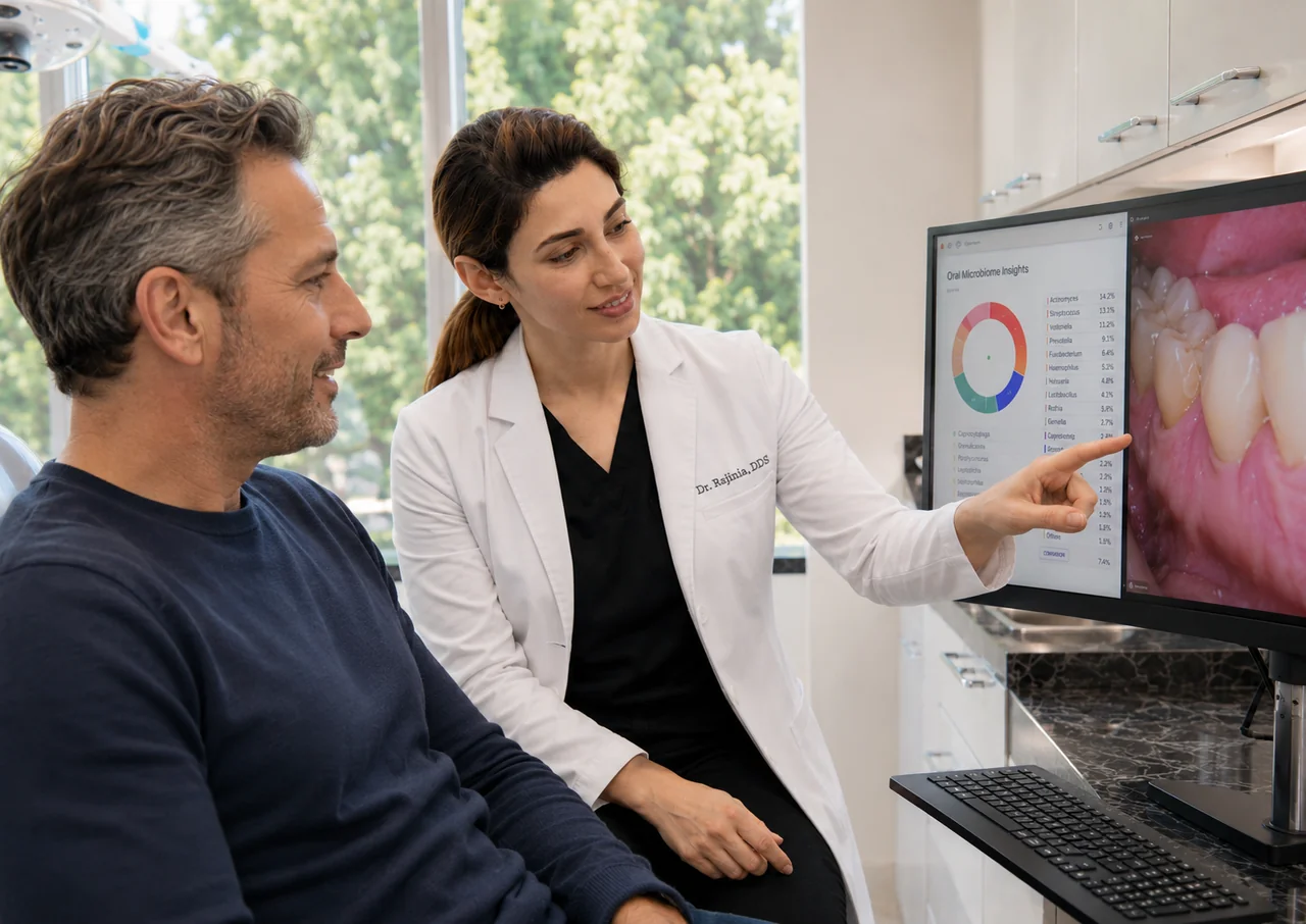 Dr. Mersedeh reviewing oral microbiome test results with a patient