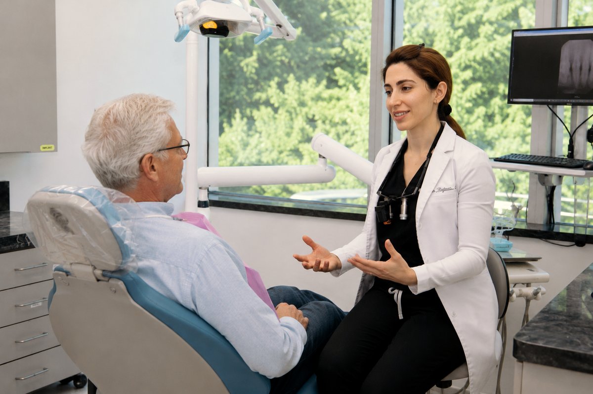 Dr. Mersedeh Rajinia talking with a patient in the treatment room