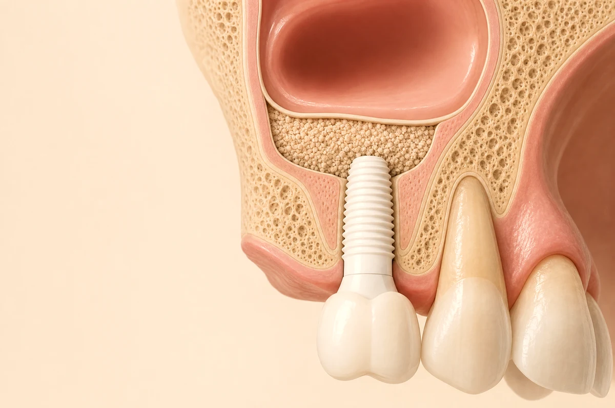 Illustration of a sinus lift bone graft supporting a zirconia implant